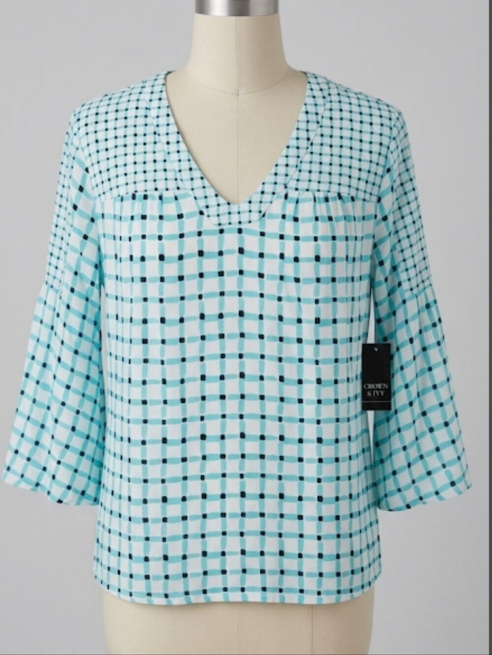 Crown & Ivy V-Neck Bell Sleeves Turquoise & Black Checked Sz Small Contemporary